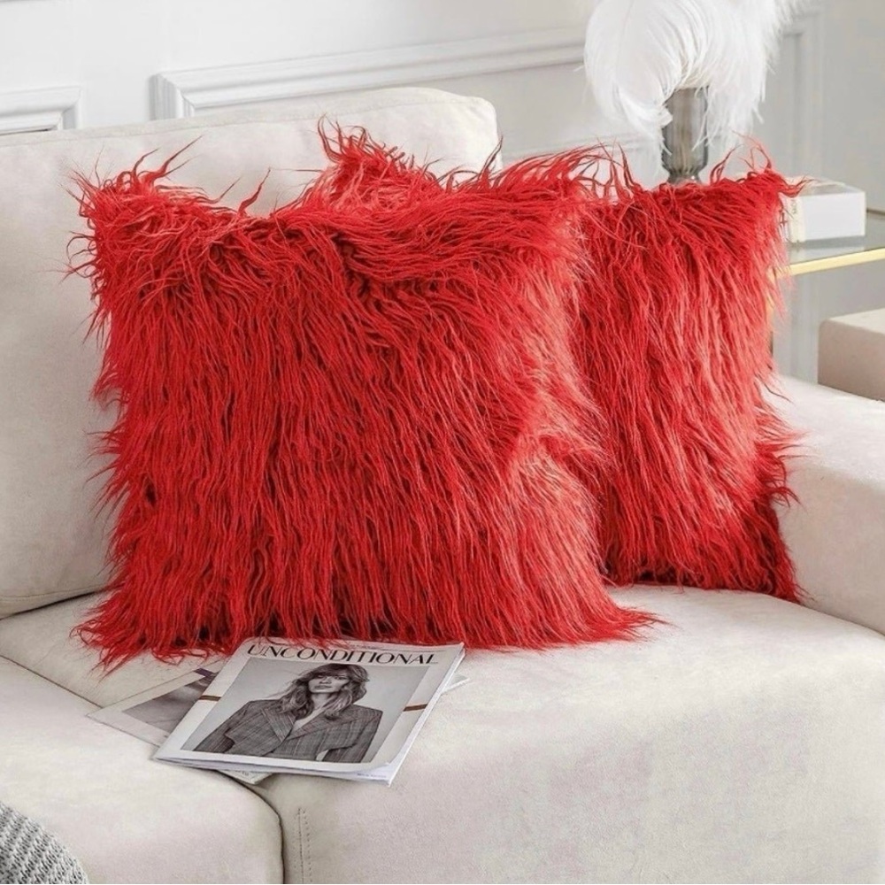Red Faux Fur Toss Decor Pillow Covers by Home Brillant